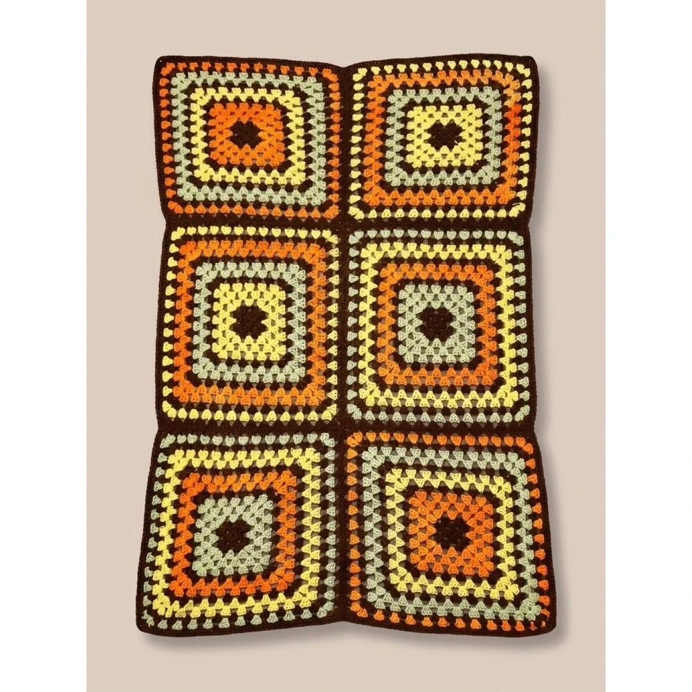 Vintage 1970s Granny Square Crochet Afghan Brown Orange Aqua 76x43